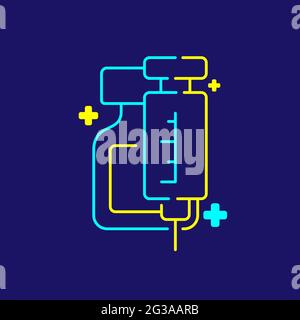 Logo covid-19 vaccine bottle and syringe with cross icon, Vaccination Campaign concept design illustration blue, yellow color isolated on dark blue ba Stock Vector