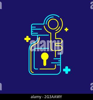 Logo covid-19 vaccine lock bottle keyhole and key with cross icon, Vaccination Campaign problem exit concept design illustration blue and yellow color Stock Vector