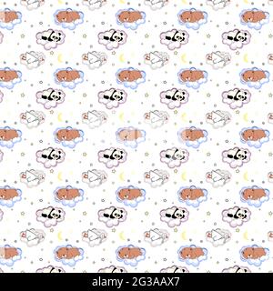 Children's seamless pattern cute, sleeping animals on the clouds: teddy bear, panda, goose. Stock Vector