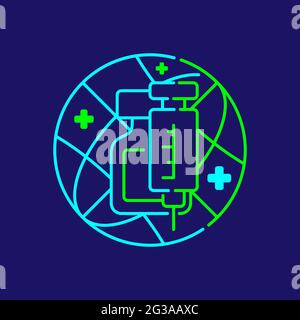 Logo covid-19 vaccine bottle, syringe, network with cross icon, Vaccination Campaign global travel bubble guide illustration blue, green color isolate Stock Vector