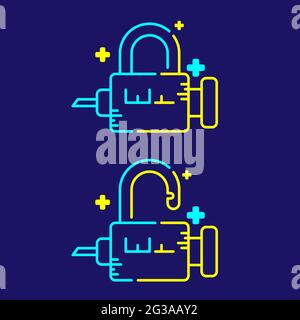 Logo covid-19 vaccine lock syringe with cross icon, Vaccination Campaign problem exit concept design illustration blue, yellow color isolated on dark Stock Vector