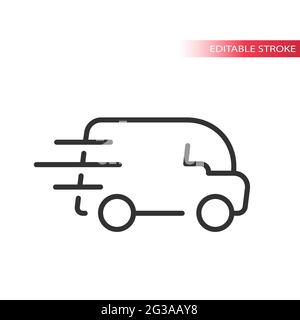 Fast delivery van with speed marks icon. Thin line, editable stroke. Stock Vector