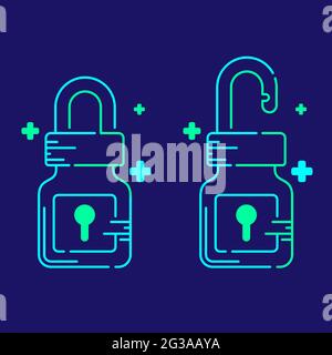 Logo covid-19 vaccine lock bottle keyhole with cross icon, Vaccination Campaign problem exit concept design illustration blue, green color isolated on Stock Vector