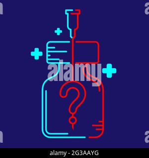 Logo covid-19 vaccine Question Mark symbol in bottle and Syringe Tip with cross icon, Vaccination Campaign problem doubt concept design illustration b Stock Vector