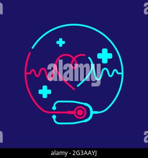 Logo Stethoscope and heartbeat wave in circle frame with cross icon, Medical doctor take care concept design illustration blue, green color isolated o Stock Vector