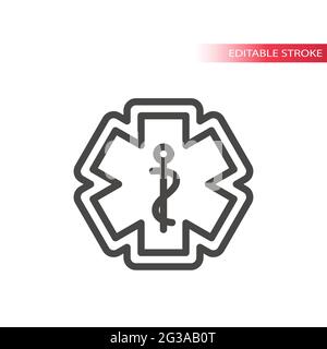 First aid, medical emergency vector icon. Rod of asclepius or aesculapius with snake, ems icon, editable stroke. Stock Vector