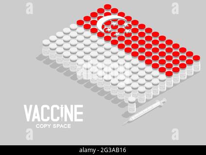 Isometric covid-19 vaccine bottle and syringe, Singapore national flag shape, Global Vaccination Campaign Country concept design illustration isolated Stock Vector