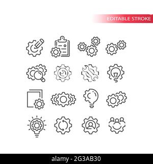 Cogwheel or gear with lightbulb, pencil icon set. Cogs, cogwheels and people, clipboard, settings or process symbol. Line vector, editable stroke. Stock Vector