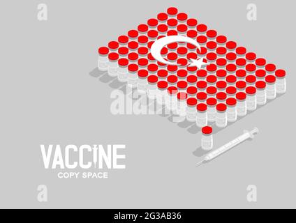 Isometric covid-19 vaccine bottle and syringe, Turkish national flag shape, Global Vaccination Campaign Country concept design illustration isolated o Stock Vector