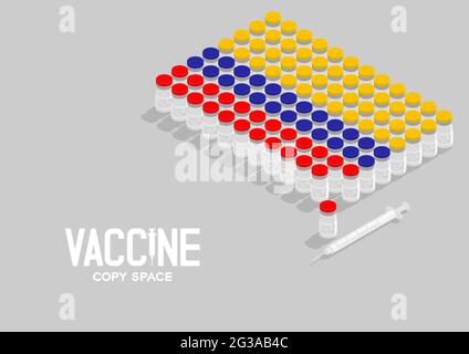 Isometric covid-19 vaccine bottle and syringe, Columbia national flag shape, Global Vaccination Campaign Country concept design illustration isolated Stock Vector