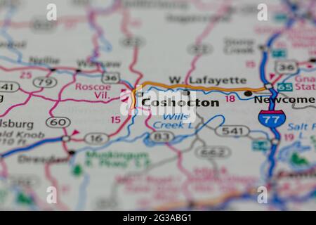 06-14-2021 Portsmouth, Hampshire, UK, Coshocton Ohio USA shown on a Geography map or Road map Stock Photo