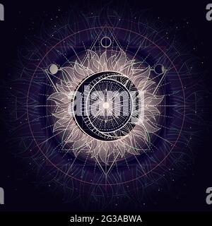 Vector illustration of Sacred geometry symbol on abstract background. Mystic sign drawn in lines. Image in purple color. Stock Vector