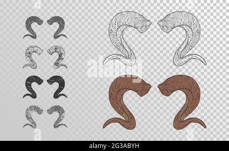 Vector set of hand drawn horns ram with grunge elements in different versions on a transparent background. Monochrome and color variation. For you des Stock Vector