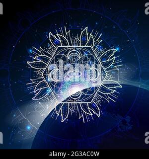 Vector illustration of Sacred geometric symbol against the space background with sunrise and stars. Mystic sign drawn in lines. Image in blue color. Stock Vector