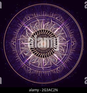Vector illustration of Sacred geometry symbol on abstract background. Mystic sign drawn in lines. Image in purple color. Stock Vector