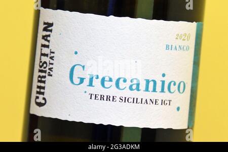 Wine label. Christian Patat. Grecanico. Bianco. 2020. Terre Siciliane IGT. Stock Photo