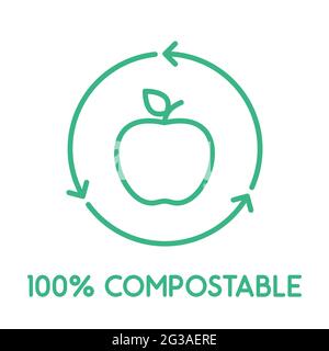 100% compostable line icon. Apple inside recycle sign. Circle with recycling arrows. Biodegradable and compostable product label. Food waste, compost Stock Vector