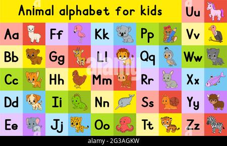 English alphabet with cartoon characters. Vector set. Bright color style. Learn ABC. Lowercase and uppercase letters. Stock Vector