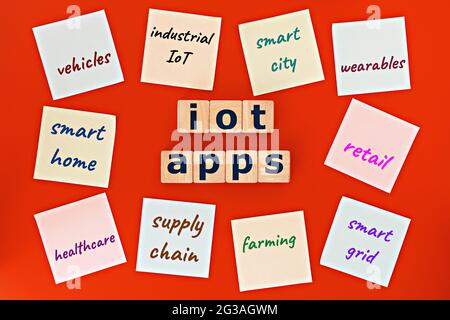 photo on IoT(internet of things) applications theme. wooden cubes with the words "IoT apps", and sticky notes, on orange background Stock Photo
