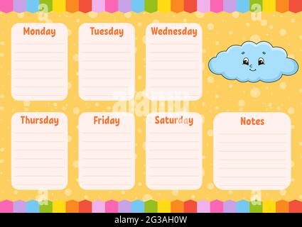 School schedule. Funny cloud. Timetable for schoolboys. Empty template. Weekly planer with notes. Isolated color vector illustration. Cartoon characte Stock Vector