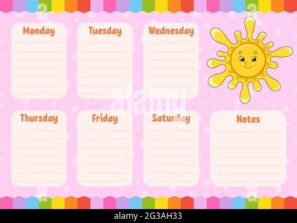 School schedule. Cute sun. Timetable for schoolboys. Empty template. Weekly planer with notes. Isolated color vector illustration. Cartoon character. Stock Vector