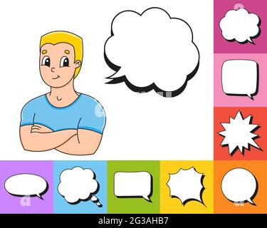 Set of speech bubbles of different shapes. With a cute cartoon character. Hand drawn. Thinking balloons. Vector illustration isolated on white backgro Stock Vector