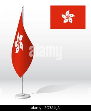 Hong kong flag on flagpole for registration of solemn event, meeting foreign guests. National independence day of Hong kong. Realistic 3D vector on wh Stock Vector