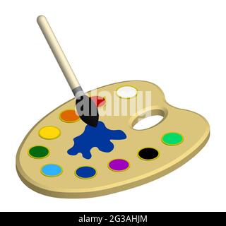 isometric painter palette with multicolored watercolors and art brush. Stationery for school and creativity. Realistic 3D vector Stock Vector