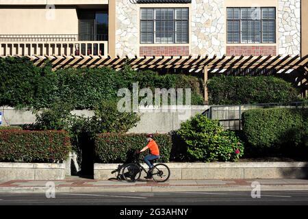 San Mateo, USA. 14th June, 2021. A man rides on the street in San Mateo, California, the United States, June 14, 2021. California Governor Gavin Newsom and government health officials announced the official reopening of the state from Tuesday following months of anticipation.The reopening means that vaccinated people in California can go maskless in public, there will be no more limitations on out-of-state travelers, and California retail businesses can go back to full capacity. Credit: Wu Xiaoling/Xinhua/Alamy Live News Stock Photo