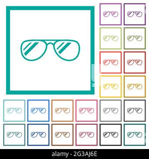 Glasses with glosses flat color icons with quadrant frames on white background Stock Vector