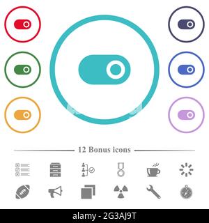 Single horizontal toggle flat color icons in circle shape outlines. 12 bonus icons included. Stock Vector