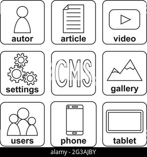 Black and white multiplatform cms elements infographic. Simple content management system icons. Monochrome vector illustration for site background, ba Stock Vector