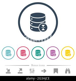 Select database table row flat color icons in round outlines. 6 bonus icons included. Stock Vector