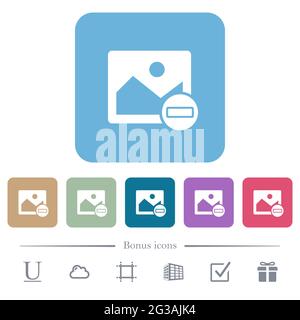 Remove image white flat icons on color rounded square backgrounds. 6 bonus icons included Stock Vector