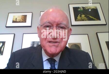 Screen grab of former BBC Director General Lord Birt answering questions, via video link, in front of the Digital, Culture, Media and Sport Committee over the handling of Martin Bashir's interview of Diana, Princess of Wales. Picture date: Tuesday June 15, 2021. Stock Photo