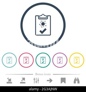 Covid test passed flat color icons in round outlines. 6 bonus icons included. Stock Vector