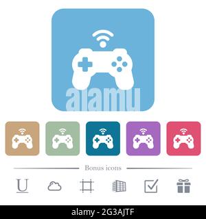 Wireless game controller white flat icons on color rounded square backgrounds. 6 bonus icons included Stock Vector