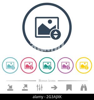Vertically move image flat color icons in round outlines. 6 bonus icons included. Stock Vector