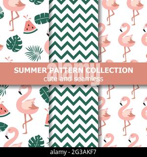 Summer pattern collection. Flamingo and watermelon theme, Summer banner. Vector Stock Vector