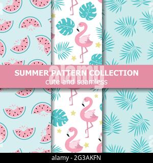 Exotic summer pattern collection. Flamingo and watermelon theme, Summer banner. Vector Stock Vector
