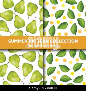 Delicious summer pattern collection with watercolor pears and dots. Summer banner. Vector Stock Vector