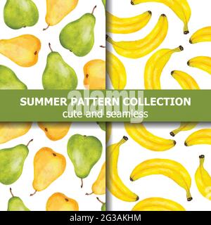 Summer pattern collection with watercolor pears and bananas. Summer banner. Vector Stock Vector