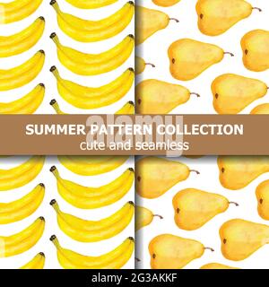 Exotic pattern collection with watercolor pears and bananas. Summer banner. Vector Stock Vector