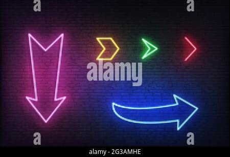 Arrows neon icons set. Glowing colorful signboard arrows Stock Vector