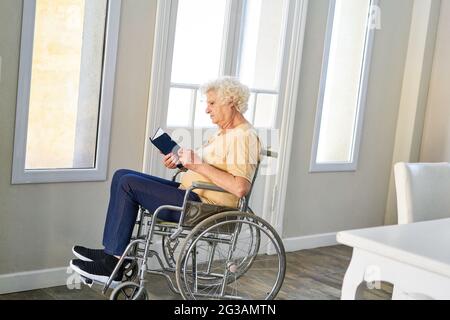 Senior woman in a wheelchair reads a book on further education in her free time in the retirement home