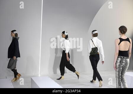 Models catwalk, during the Giada's fall/winter fashion show, inside the Braidense library of the Brera's Pinacoteca, in Milan. Stock Photo