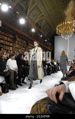 Models catwalk, during the Giada's fall/winter fashion show, inside the Braidense library of the Brera's Pinacoteca, in Milan. Stock Photo