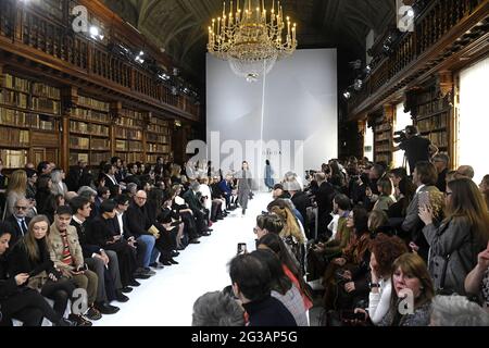 Models catwalk, during the Giada's fall/winter fashion show, inside the Braidense library of the Brera's Pinacoteca, in Milan. Stock Photo