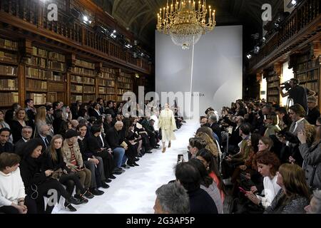 Models catwalk, during the Giada's fall/winter fashion show, inside the Braidense library of the Brera's Pinacoteca, in Milan. Stock Photo