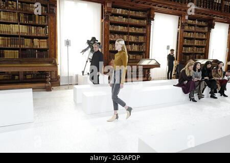 Models catwalk, during the Giada's fall/winter fashion show, inside the Braidense library of the Brera's Pinacoteca, in Milan. Stock Photo